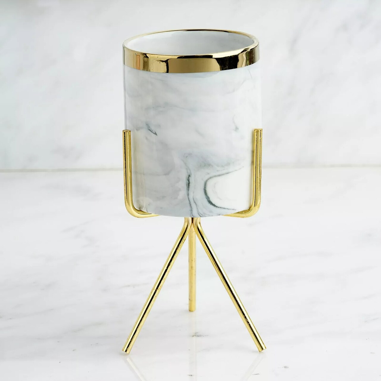 8" tall White Grey Ceramic Flower Pot Gold Iron Stand Wedding Vases Centerpieces